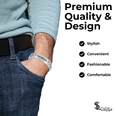 Smarter LifeStyle Elegant DAD & Father Themed Surgical Grade Steel Men's Bracelet Gift, Many Styles to Choose from (Bad Ass DAD - Silver)