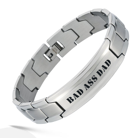 Smarter LifeStyle Elegant DAD & Father Themed Surgical Grade Steel Men's Bracelet Gift, Many Styles to Choose from (Bad Ass DAD - Silver)