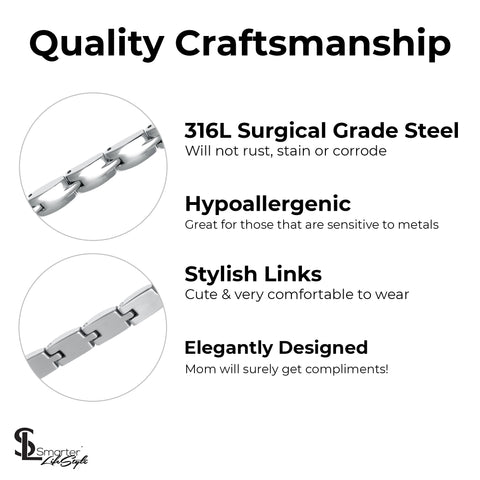 ("Love You Mom" - Silver) Elegant Mom & Mother Themed Surgical Grade Steel Women's Bracelet