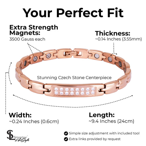 Sparkling Womens Czech Crystal Titanium Magnetic Therapy Bracelet - 7.8 Inches (20cm) / Rose Gold