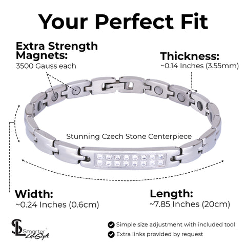 Sparkling Womens Czech Crystal Titanium Magnetic Therapy Bracelet - 7.8 Inches (20cm) / Silver