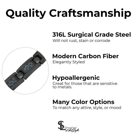 Elegant Surgical Grade Steel Men's Carbon Fiber Bracelet (Black Bracelet - Blue Carbon Fiber)