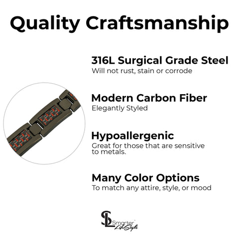 Elegant Surgical Grade Steel Men's Carbon Fiber Bracelet (Gunmetal Bracelet - Red Carbon Fiber)