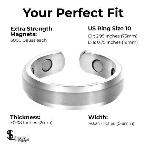 Elegant Titanium Magnetic Therapy Ring Silver, Size 10
