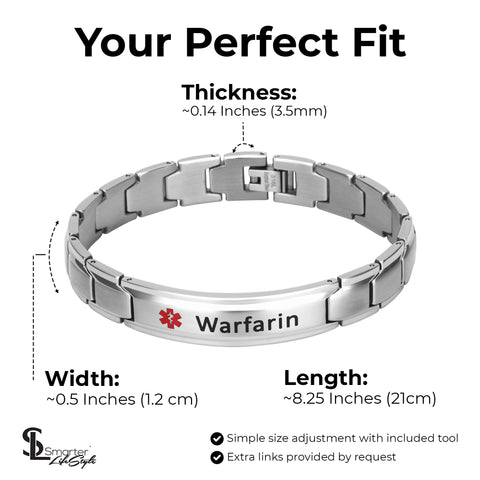 Elegant Surgical Grade Steel Medical Alert ID Bracelet - Men's / Warfarin