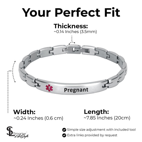 Elegant Surgical Grade Steel Medical Alert ID Bracelet For Men and Women (Women's, Pregnant)