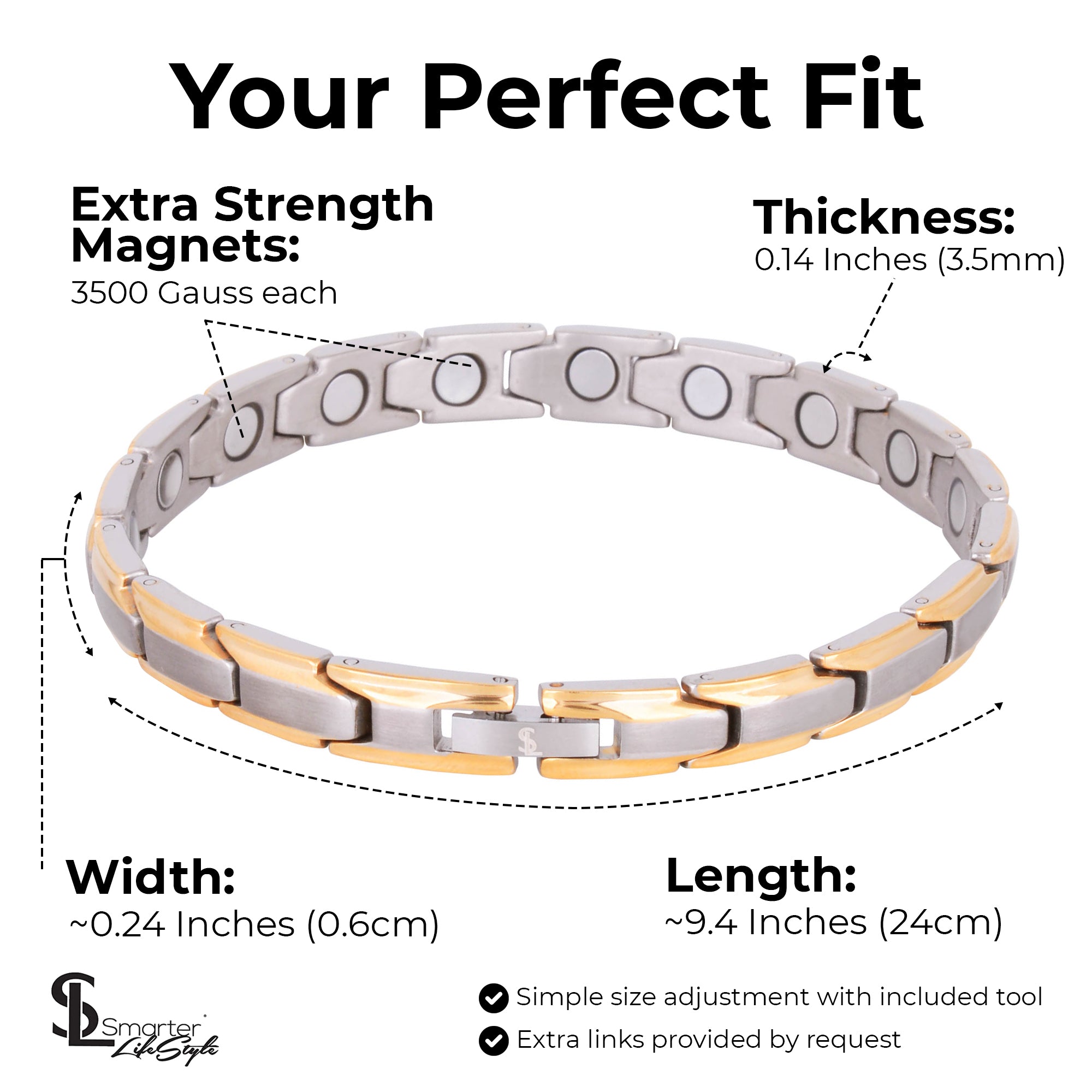 Women's Heart Titanium Steel Magnetic Therapy Bracelet – With Link Removal Tool