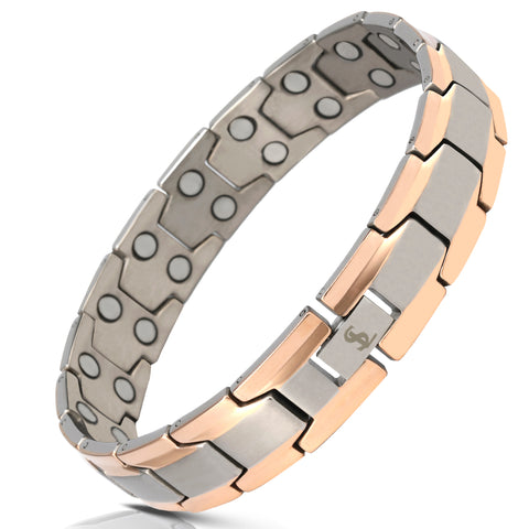 Elegant Men's Double Magnet Wide Titanium Magnetic Therapy Bracelet Pain Relief for Arthritis and Carpal Tunnel (Silver & Rose Gold)